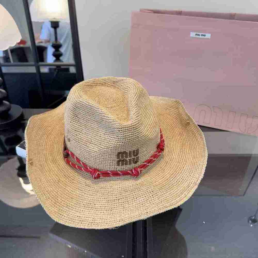 Miu Miu Logo Wide Brim Raffia Sun Hat